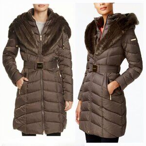 Laundry by Shelli Segal Faux-Fur Trim Hooded Puffer Belted Coat. Size M